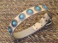 Tan Leather Dog Collar with Silver Plated Circles Blue Stones Tan Leather Dog Collar with Silver Plated Circles Blue Stones