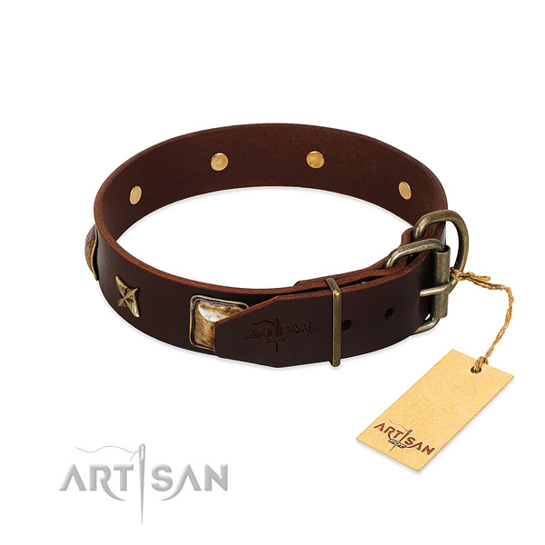 Natural genuine leather dog collar with reliable hardware and decorations