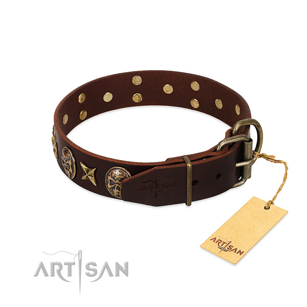 Genuine leather dog collar with corrosion proof fittings and adornments