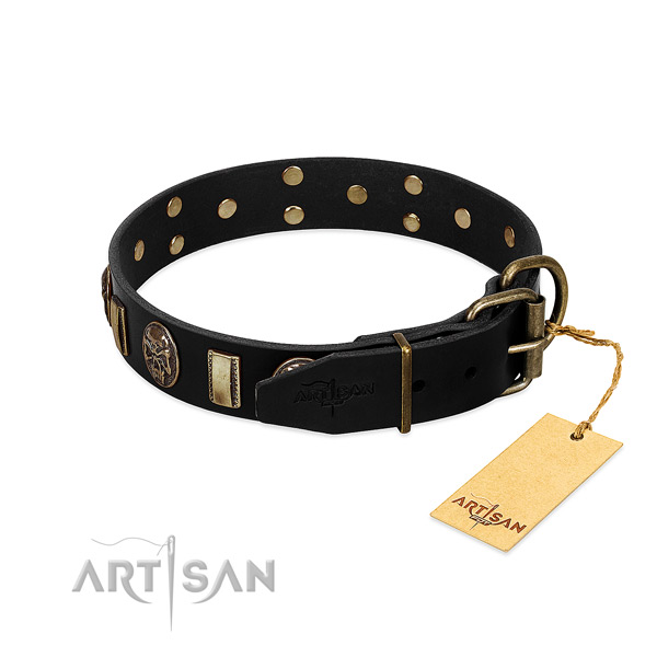 Natural genuine leather dog collar with rust-proof fittings and studs