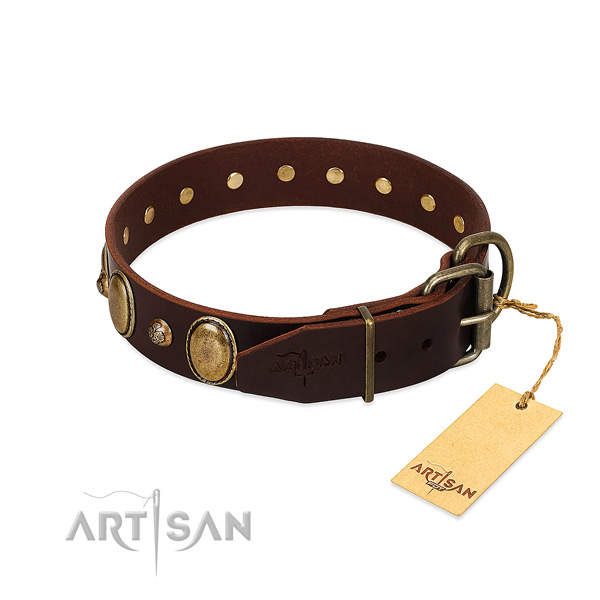 Durable D-ring on full grain genuine leather collar for everyday walking your four-legged friend