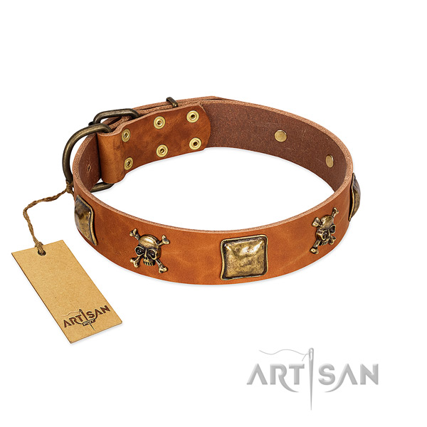 Awesome full grain genuine leather dog collar with reliable embellishments