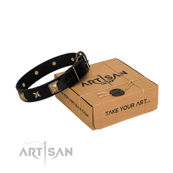 Rust resistant traditional buckle on natural genuine leather dog collar for comfortable wearing