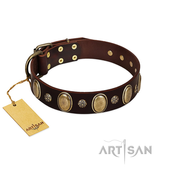 Walking high quality natural genuine leather dog collar with adornments