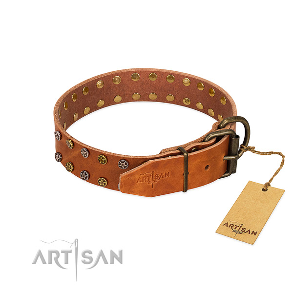 Easy wearing genuine leather dog collar with unusual decorations