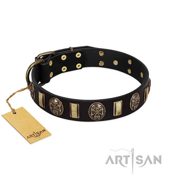 Embellished natural genuine leather dog collar for daily use