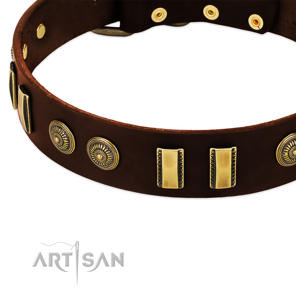 Reliable traditional buckle on natural leather dog collar for your canine