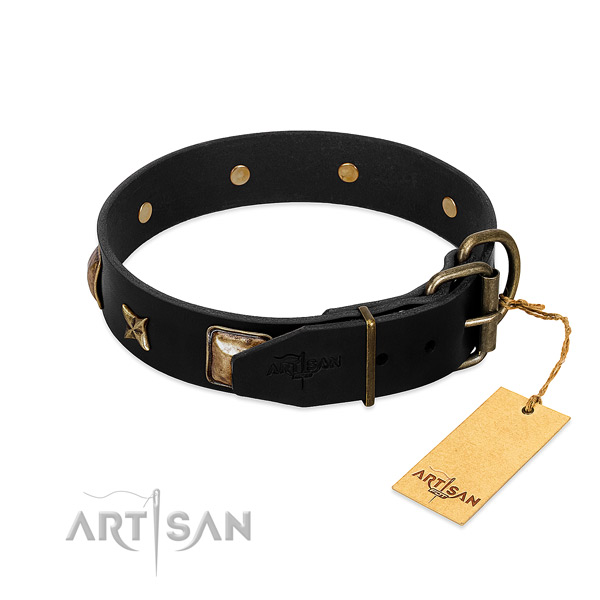 Durable D-ring on natural genuine leather collar for fancy walking your canine