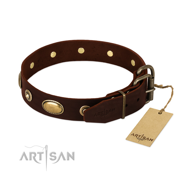 Rust-proof D-ring on natural leather dog collar for your pet