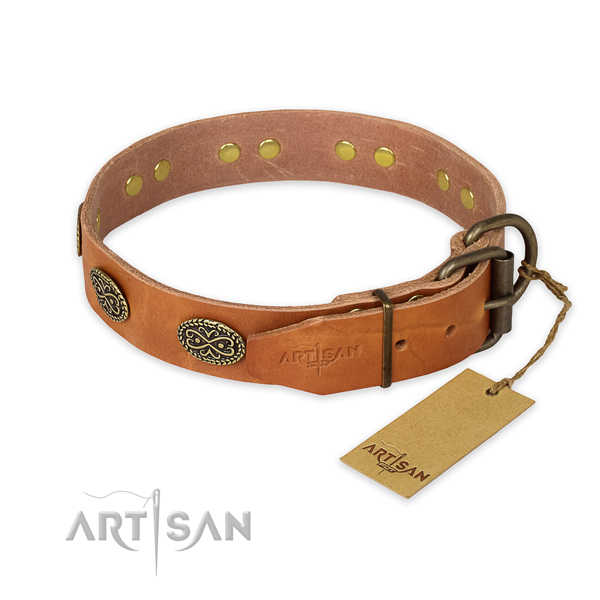 Rust-proof fittings on natural genuine leather collar for basic training your pet
