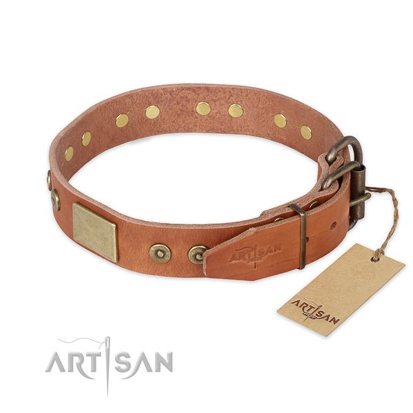 Corrosion resistant D-ring on genuine leather collar for fancy walking your pet