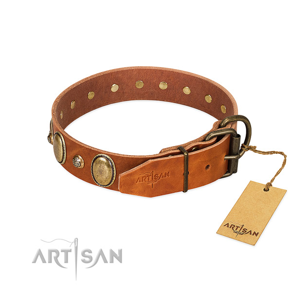 Adjustable genuine leather dog collar with strong hardware