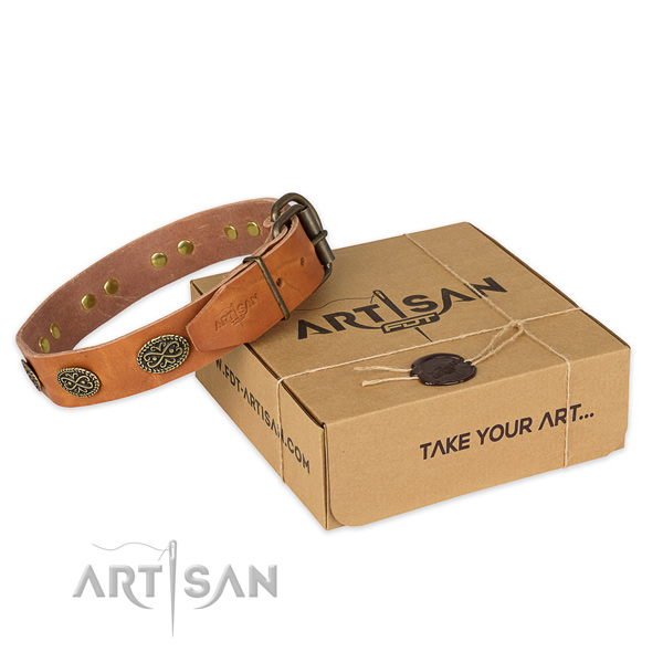 Rust resistant fittings on natural genuine leather collar for your handsome pet