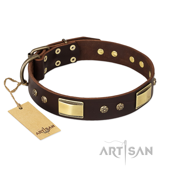 Full grain genuine leather dog collar with corrosion resistant traditional buckle and studs