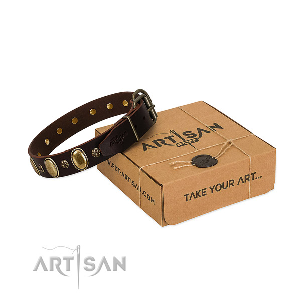 Handy use soft natural genuine leather dog collar with adornments