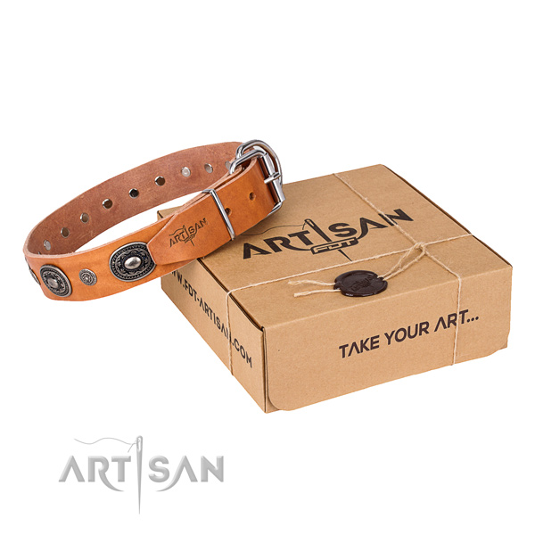 Quality natural genuine leather dog collar handcrafted for comfy wearing