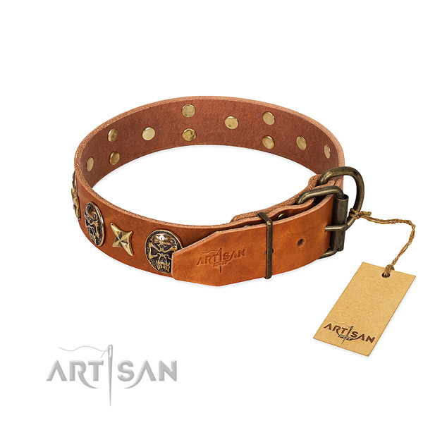 Full grain genuine leather dog collar with rust resistant hardware and adornments