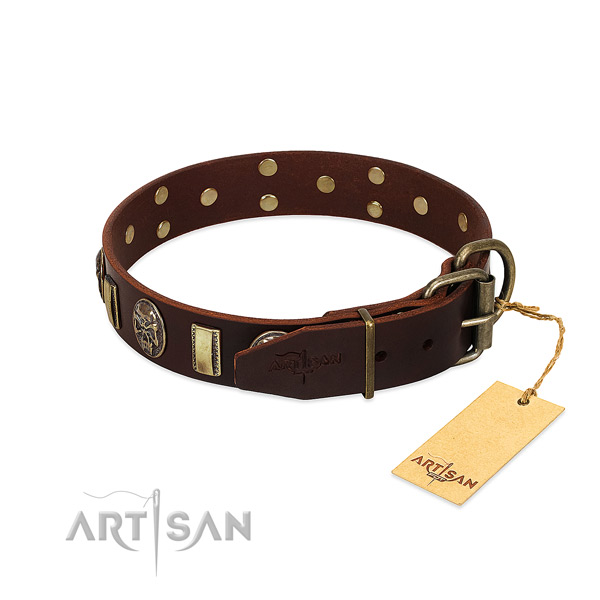Leather dog collar with reliable D-ring and adornments