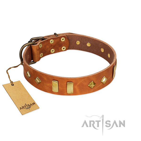 Easy wearing soft full grain genuine leather dog collar with adornments