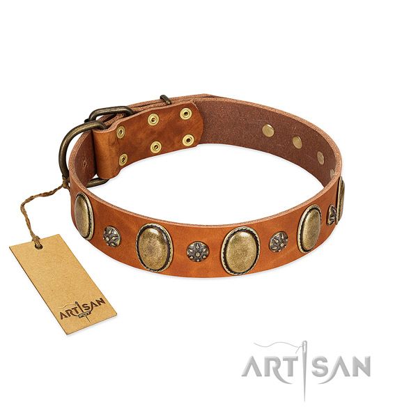 Everyday walking flexible genuine leather dog collar with decorations