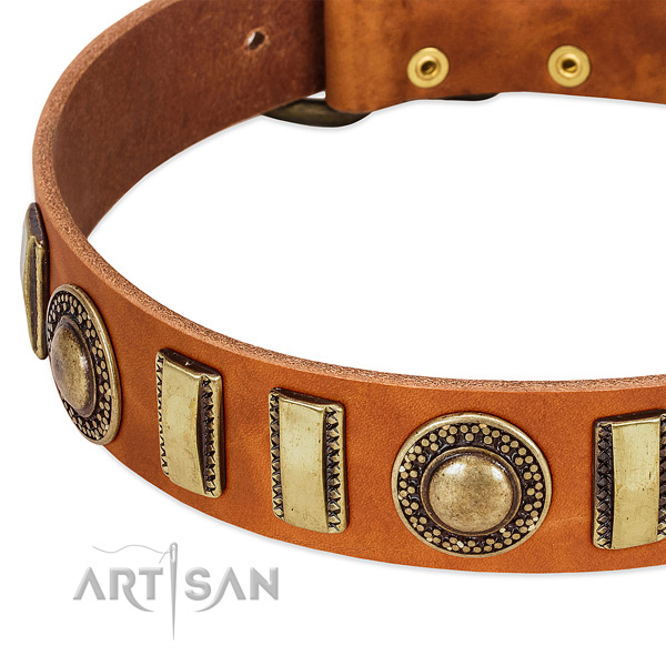 Soft genuine leather dog collar with corrosion resistant traditional buckle
