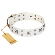 "Star Patrol" FDT Artisan White Leather American Bulldog Collar Adorned with Stars and Studs  "Star Patrol" FDT Artisan White Leather American Bulldog Collar Adorned with Stars and Studs
