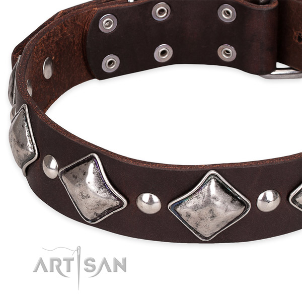 Adjustable leather dog collar with extra strong non-rusting buckle and D-ring