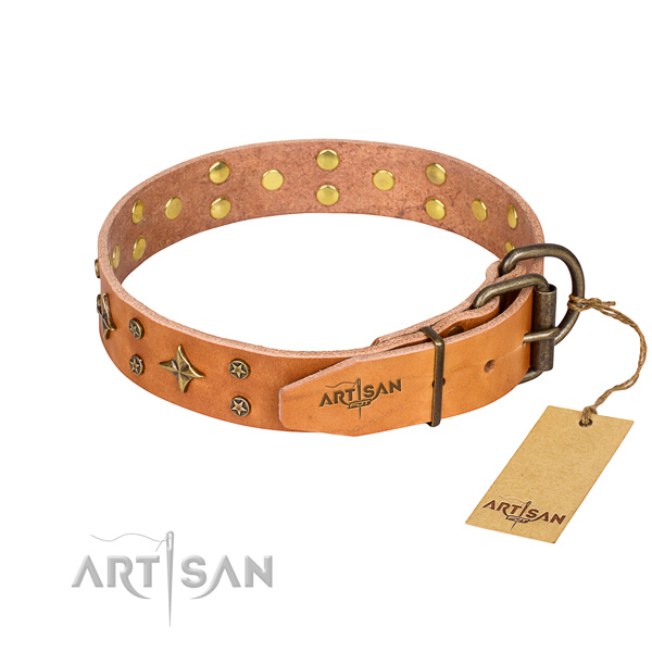 Handy use natural genuine leather collar with studs for your doggie