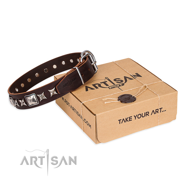 Decorated full grain leather dog collar for handy use