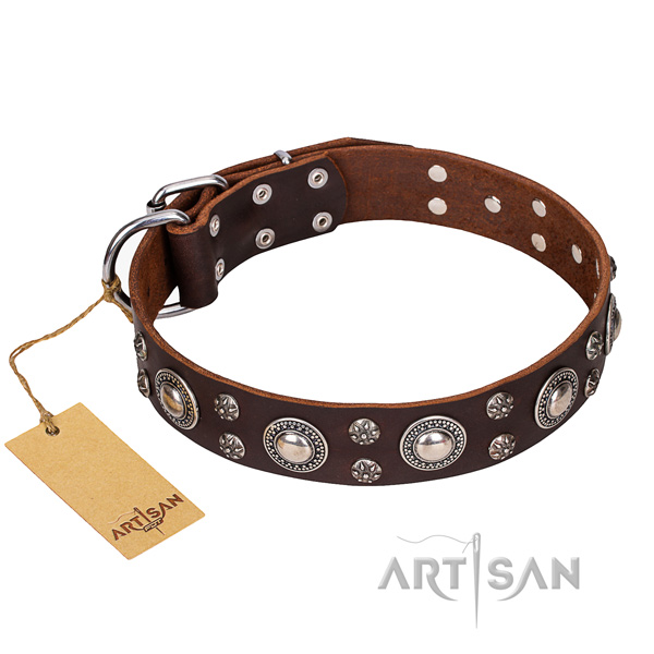 Tough leather dog collar with corrosion-resistant elements